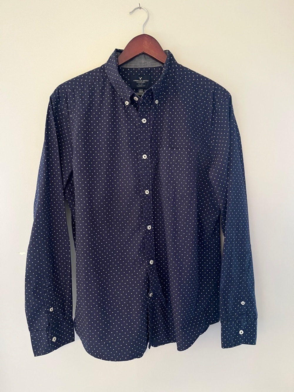 American Eagle Outfitters Navy Button-Down with White Micro Dots
